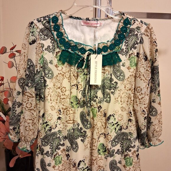 NWT Women's Teal Blue Beige Printed Lined Blouse ¾ Sleeve Pleated Top 8 M - Picture 7 of 9